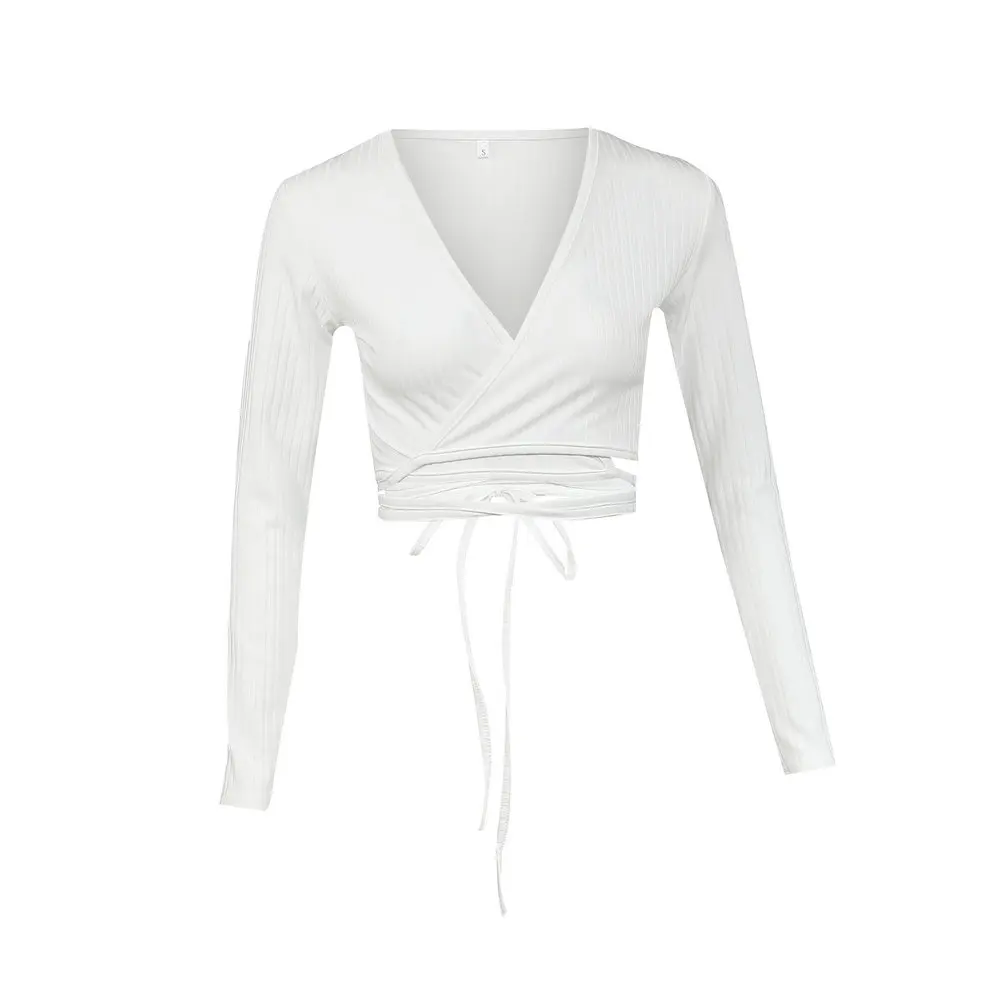 Missufe Sexy Deep V Neck Bandage Solid Women Blouse Shirts Long Sleeve Female Cropped Tops Wrap Autumn Blouse 2018 Blusa