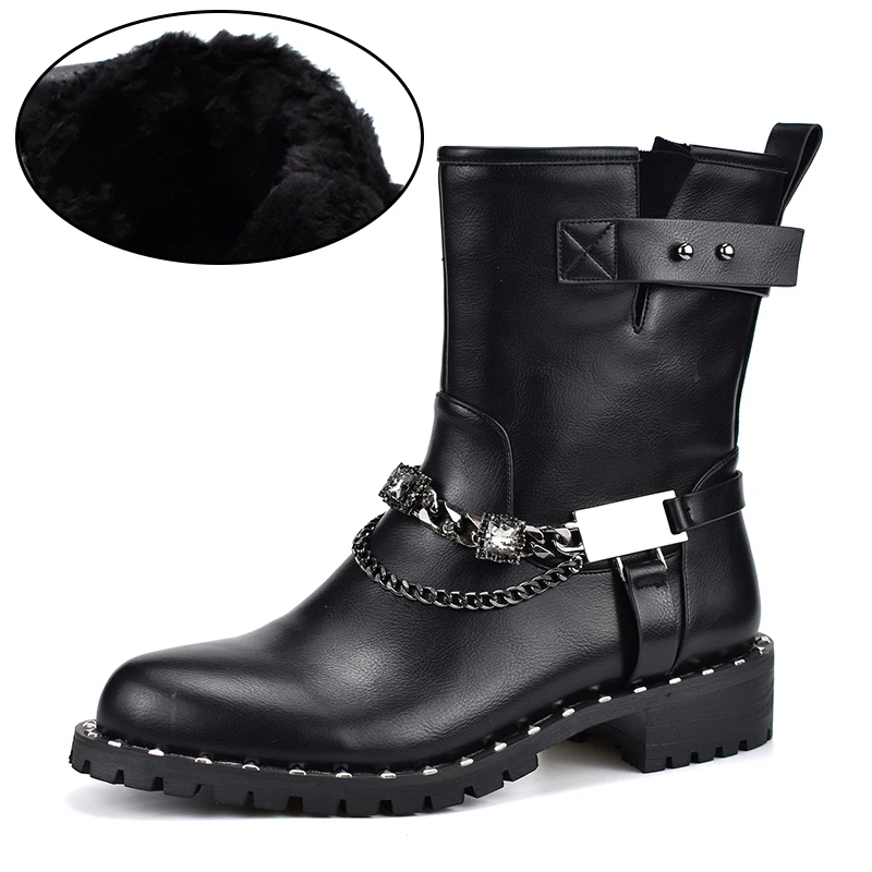 Odetina/сезон осень-зима; новые модные женские ботинки в стиле рок; ботинки в стиле панк на низком квадратном каблуке с боковой молнией и металлической цепочкой; женские ботильоны - Цвет: Black Thick Plush