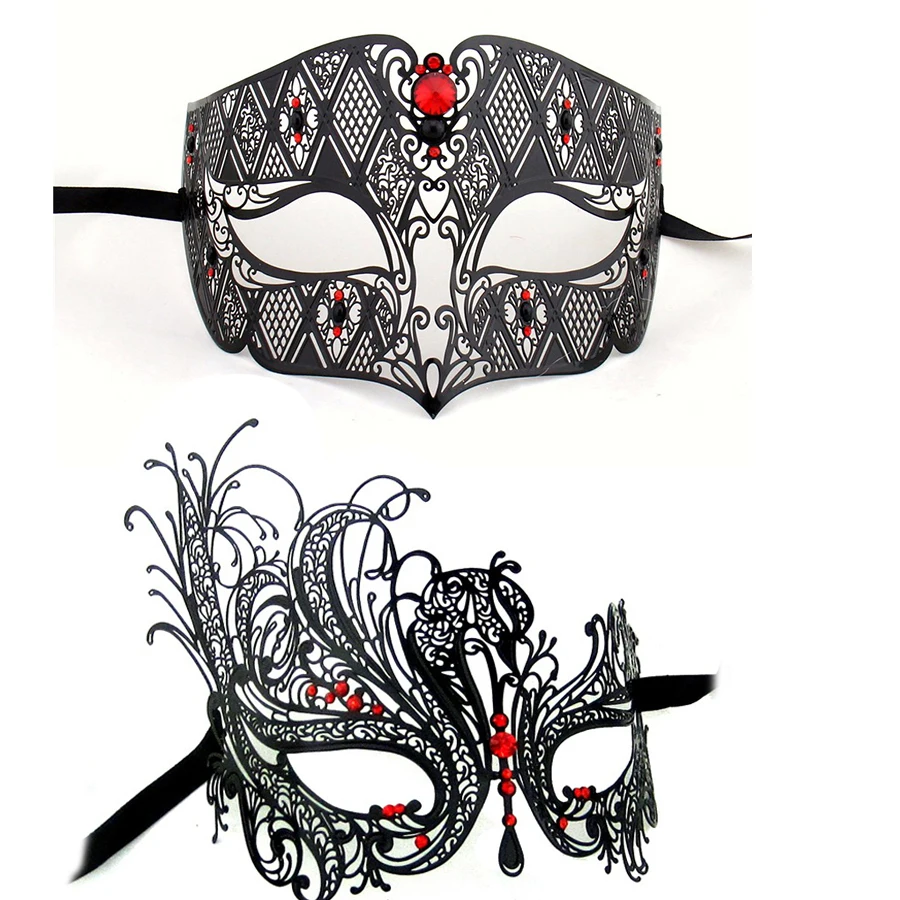 Skull Masquerade Masks with Red Diamonds Men Mask Metal Laser Cut Mask