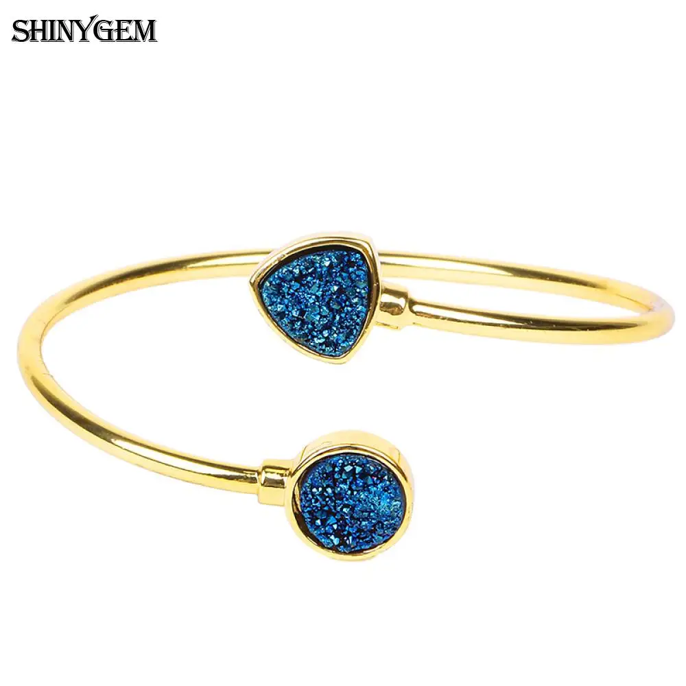 Браслеты ShinyGem, винтажные, сверкающие, Druzy, с кристаллами, открытые, позолота, треугольник, Круглый, натуральный, Druzy камень, браслет, браслеты для женщин