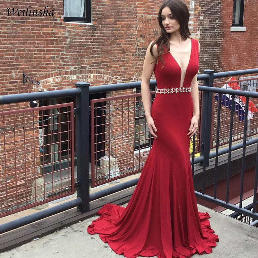 

Weilinsha New Arrival Evening Dress 2019 Deep V-neck Mermaid Prom Dresses