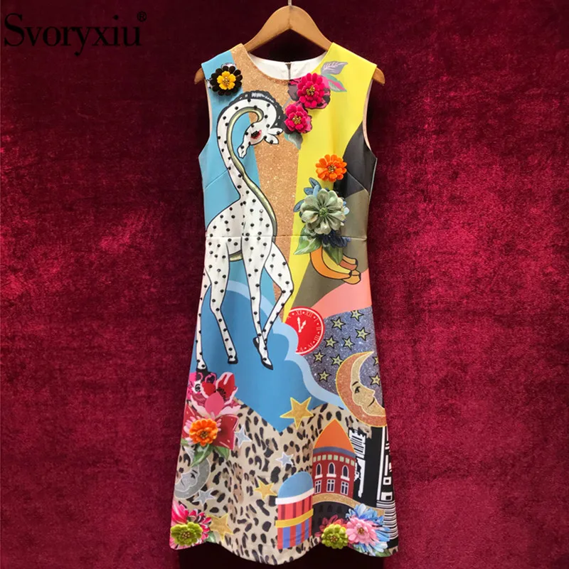 Svoryxiu Elegant Runway Summer Sleeveless Dress Women's luxury Beading Appliques Cartoon Leopard Print Party Dresses Vestdios