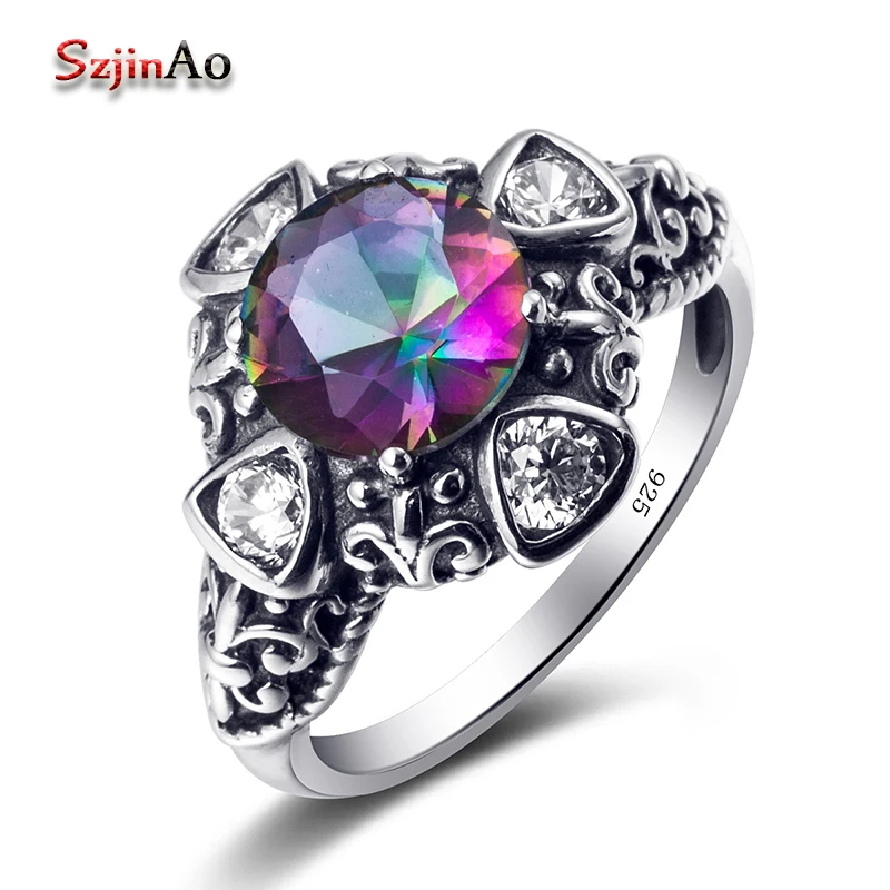 

Szjinao 100% 925 Sterling Silver Rainbow Topaz Genuine Austrian Ring Birthday Blooms luxury Brand Women Jewelry Making