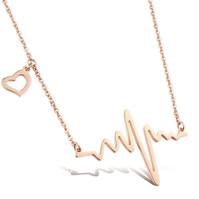 

Martick 316L Stainless Steel Gold-color Heart Pendant Necklace Link Chain ECG Necklace For Women P48