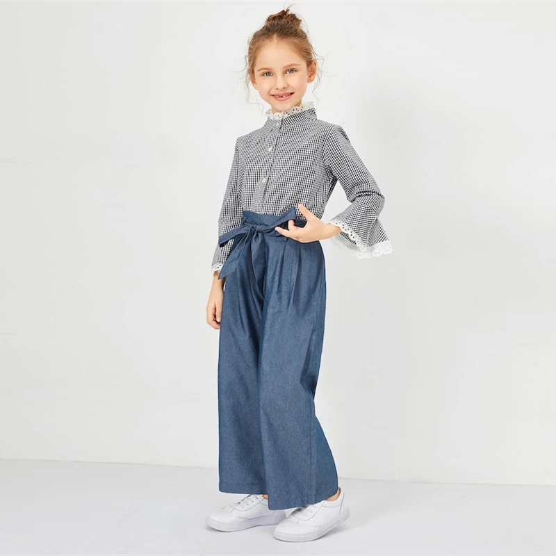 SHEIN Kiddie Blue/Элегантные штаны с эластичной резинкой на талии и поясом для девочек; коллекция года; сезон весна; Модные Винтажные брюки; брюки для девочек; детская одежда