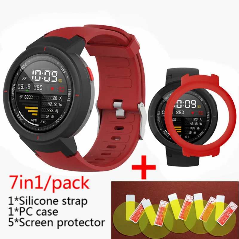 Red 1 3в1 силиконовый ремешок для смарт-часов Huami Amazfit+ чехол с рамкой+ Защитная пленка для экрана amazfit Verge - Цвет: Red 1