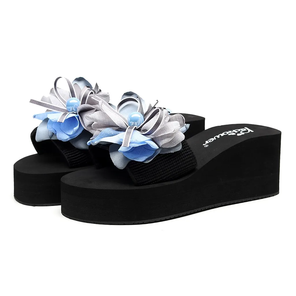 

2019 platform sandals Fashion Women Slip-on Open Toe Wedges Heels Pure Color Flower Slipper slides Shoes zapatos de mujer %50