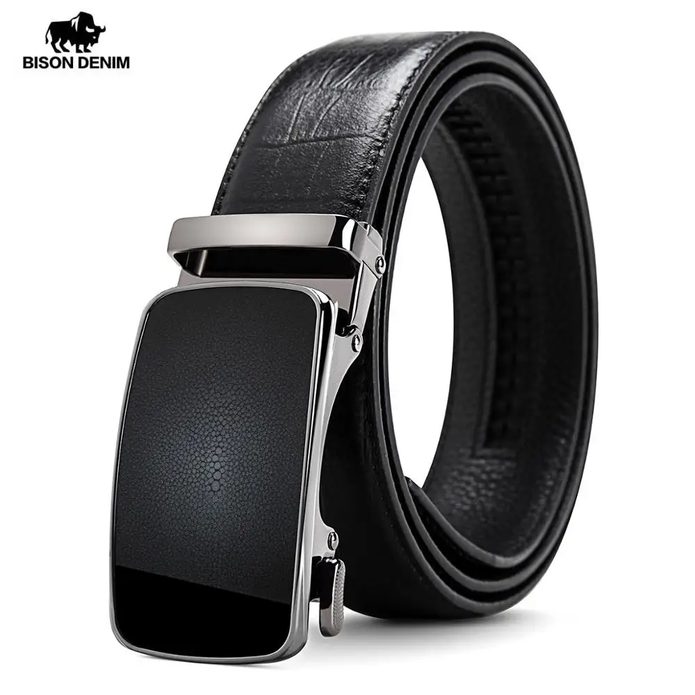 

BISON DENIM Automatic Buckle Men's Belt Crocodile Pattern Leather Male Belt Genuine Leather Luxury Man Belt High Quality N71453