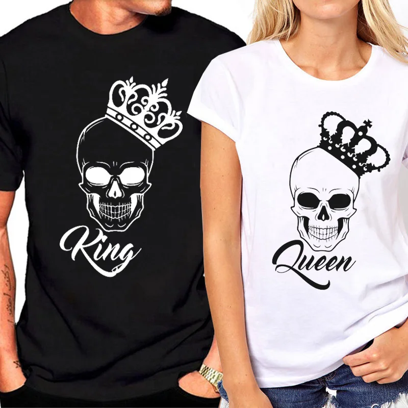 

Summer Fashion Couple Clothes Short Sleeve T-shirt Women Skull Print King Queen Funny T Shirt Unisex Tops Tee Men Dropshipping