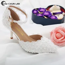 

Shoes Women Sandals New Arrival White wedding shoes female buckle sandals flower lace pearl shoes bridal shoes 7CM Heels