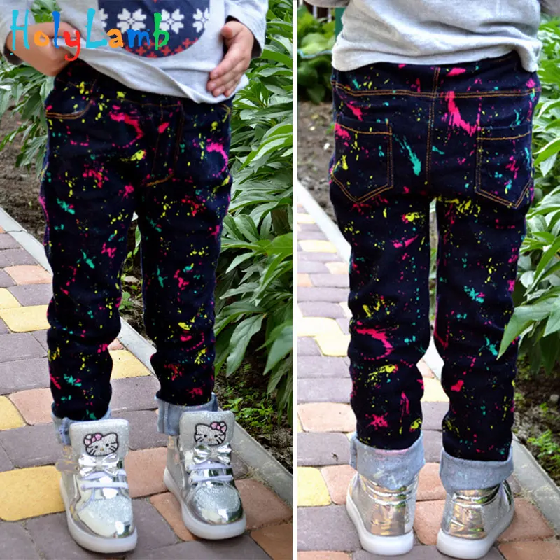 

2017 Autumn Winter Girls Jeans Rainbow Color Ink Print Denim Pants 3-12 Years Fashion Kids Clothing for Girls Cartoon Cute Jeans
