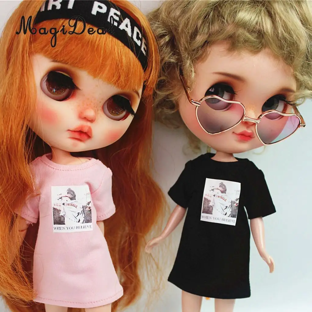 Cute Girl Doll Printing Long T-Shirt Short Sleeve for 1/6 Blythe Doll Dress Up Accessory