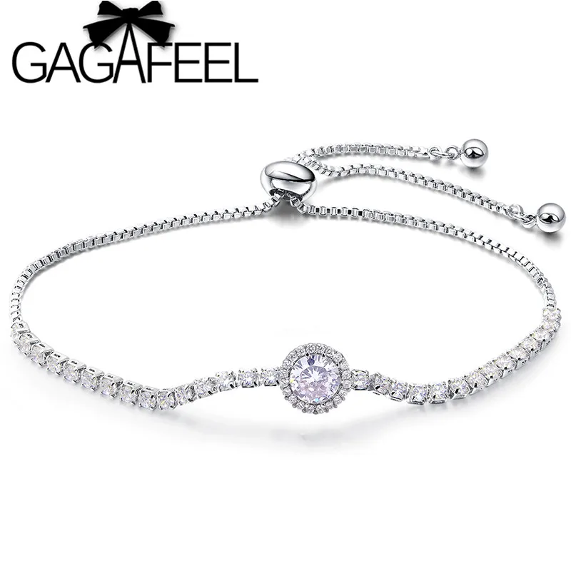 

GAGAFEEL Korean Simple Style Round Bracelets Genuine CZ Zircon Bangles for Women Girls' Stainless Steel Adjustable Jewelry Gift