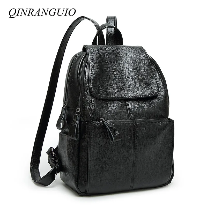 

QINRANGUIO Cow Leather Women Backpack 2019 Fashion School Bags for Teenage Girls Black Backpack Genuine Leather Backpack Women