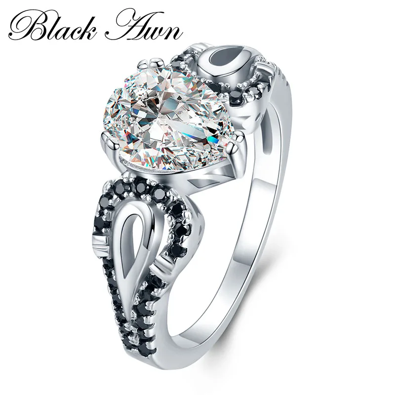 

[BLACK AWN] Engagement Rings for Women Black Stone 925 Sterling Silver Jewelry Water Drop Zircon Wedding Bague C406