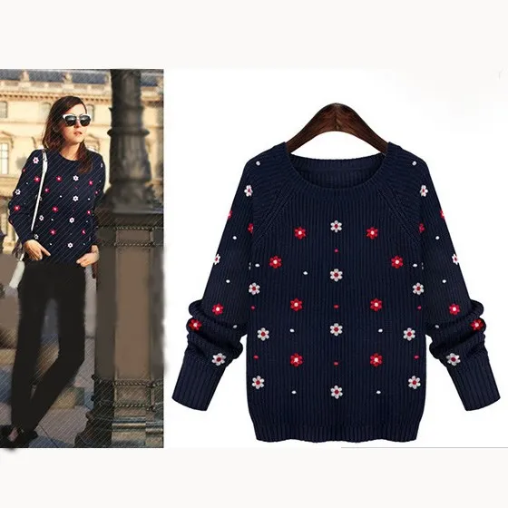 

Autumn Fashion Women Knit Sweater Pullovers Long Sleeve Floral Print Sweater Solid Embroidery Warm Casual Jumpers