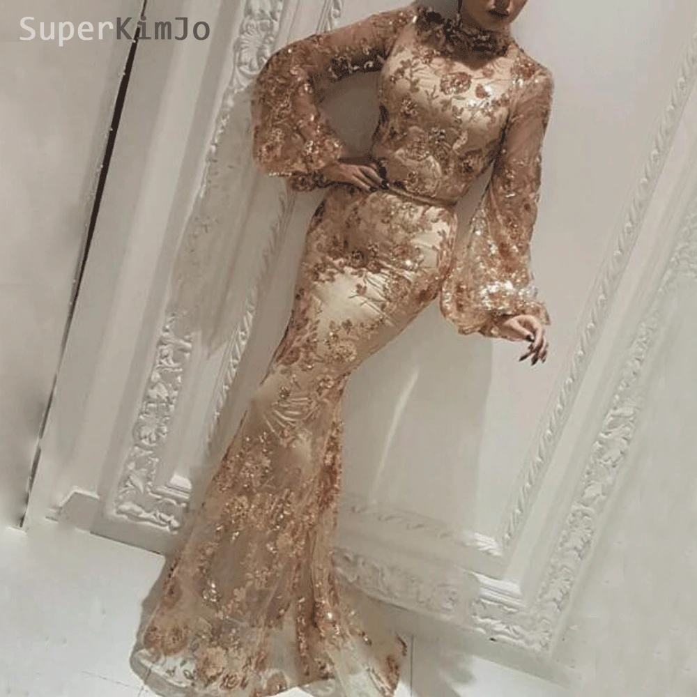 

SuperKimJo Flare Sleeve Mermaid Evening Dresses Long 2019 Gold Sequin Applique Elegant Evening Gown Arabic Robe De Soiree Courte