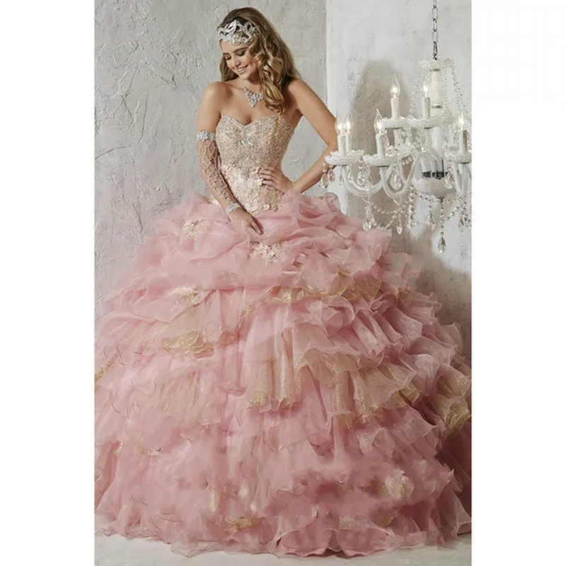 

2016 Latest Organza Quinceanera Dress Floor-Length Off The Shoulder Adults Ball Gown Sweetheart Sleeveless Tiered Beads Vestidos