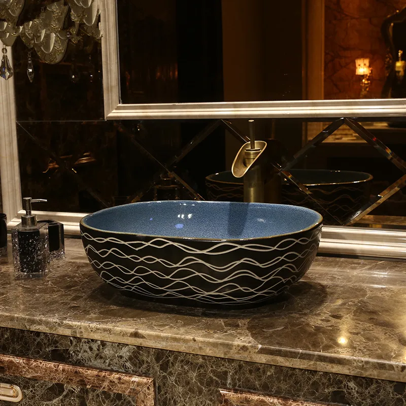 Oval black with blue antique Ceramic Painting Art Lavabo Bathroom Vessel Sinks ounter top color wash basin  (2)