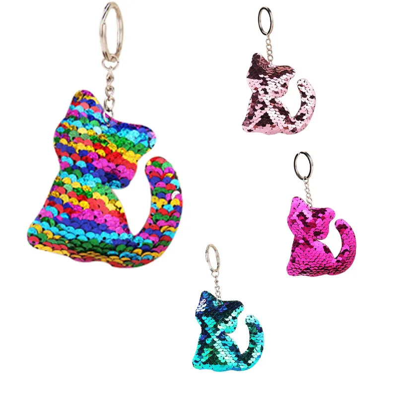 

CDCOTN Colorful Sequins Cartoon Cat Car Key Chain Reflective Bright Cat Keychains Key Rings Hanging Bag Pendant Jewelry