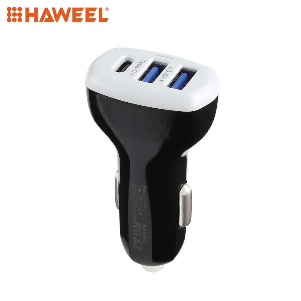 

Haweel 3.4A Type-C Three USB Ports Fast Car Charger Black White Two Color to Choose