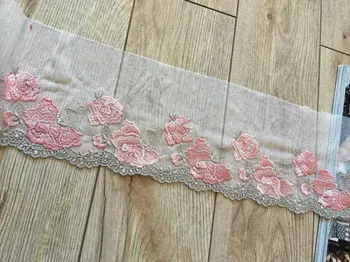 

10yards fine embroidered lace trim, off white mesh lace trim with peach pink peony rose, colored tulle lace trim