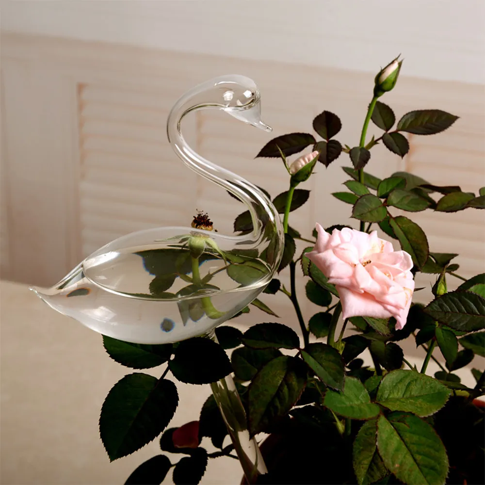 Automatic Self Watering Devices Clear Glass Water Feeder Bird Swan Shape Watering Devices Automatic Cute Swan Snail Swan Glass