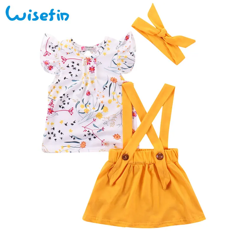 Wisefin الاطفال فتاة الملابس مجموعة مع عقال الصيف 3 قطع زهرة الاطفال ملابس الأطفال الملابس مجموعة لفتاة لطيف مريلة بانت + أعلى