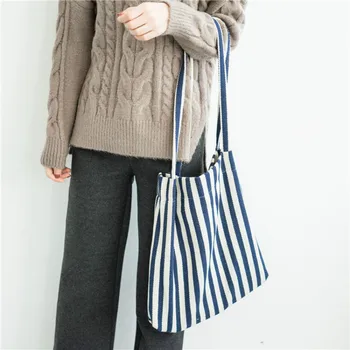 

Casual Stripe Pattern Women Handbag Shoulder Bag Canvas Female Shopping Bag