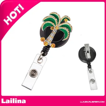

Sliver plated Palm Tree Rhinestone Retractable Badge Reel/ ID Badge Holder