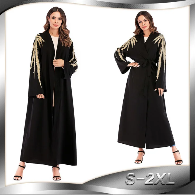 Muslim Embroidery Abaya Beading Maxi Dress Cardigan Long Robe Gowns