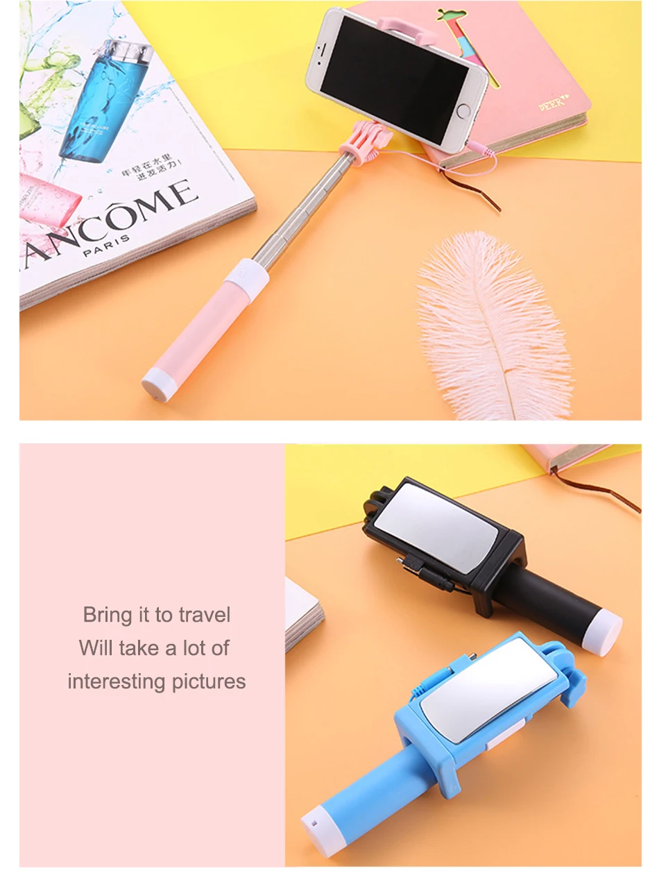 4 Color Mini Extendable Handheld Selfie Stick Stainless Steel Folding Wire Control Android Phone Handheld selfie sticks (13)