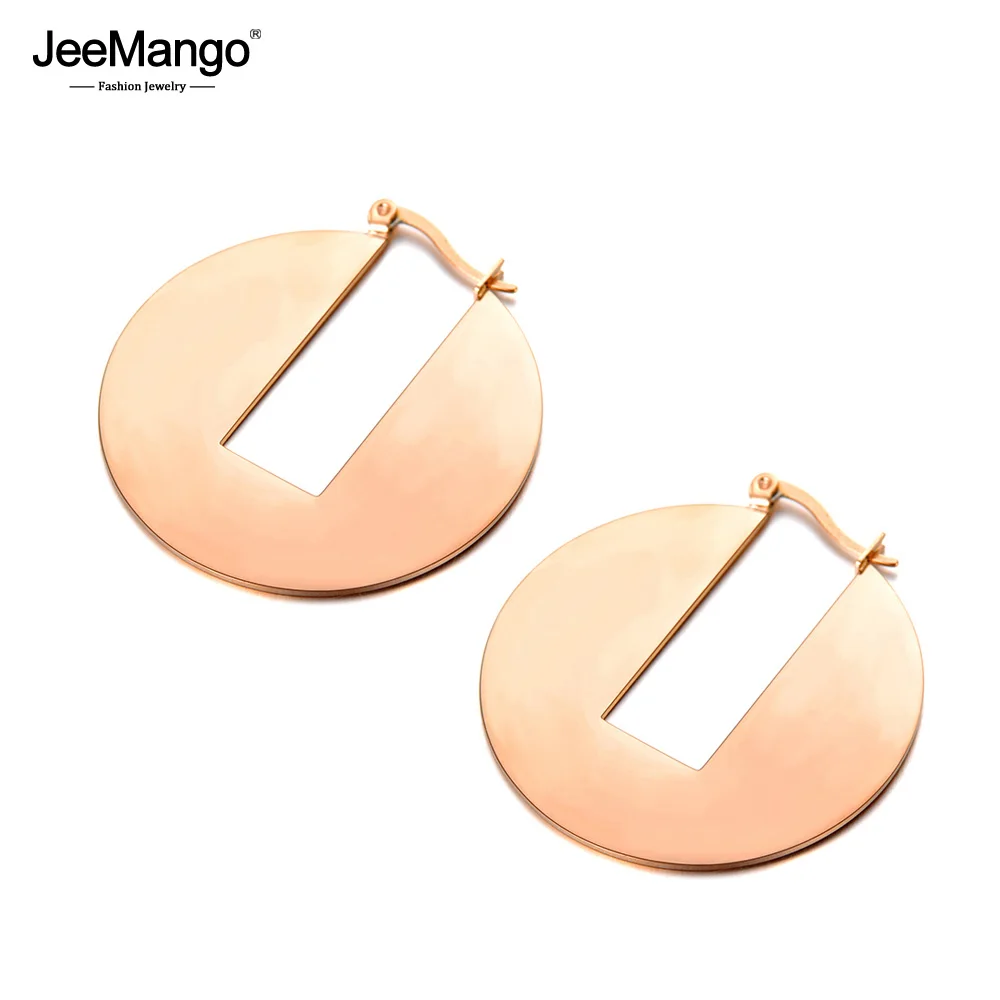 

JeeMango Bohemia Round Shape Rectangular Notch Hoop Earrings Punk Style Rose Gold Stainless Steel Anniversary Jewelry JE18071