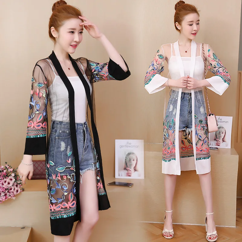 

Women 'S Sun Proof Coat Embroidery Hollow out Front Open Coat Mesh Cape Cardigan Female Long Summer Thin Sun Protection Clothing