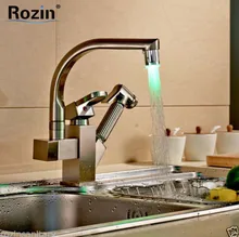 Nickel Brushed Pull Out Color Changing LED Kitchen Faucet Single Handle Double Spout Kitchen Mixer Taps