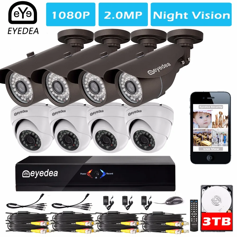 

Eyedea 8 CH Phone View Motion Detect HDMI DVR 2.0MP 1080P Bullet Dome Outdoor Video Surveillance CCTV Security Camera System 3TB