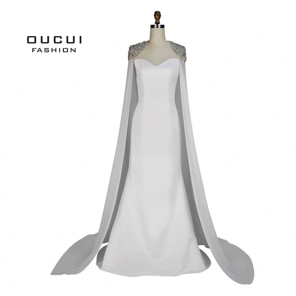 

Real Photos Chiffon Cloak Beaded Handmade Long Evening Dress 2019 Ivory CoLor Sweetheart Mermaid Stain Formal OL103072