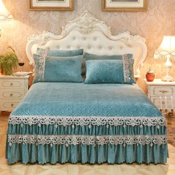 

Lace Edge Ruffled Bed skirt set Green Brown Red Bedskirt Quilted Thick Bedspread Soft Plush Warm Bed cover set with Pillow case