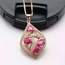 С натуральным красным Рубином кулон S925 Серебряный натуральный драгоценный камень кулон Цепочки и ожерелья модные роскошные элегантные листья, женщин, детей, вечерние ювелирные изделия