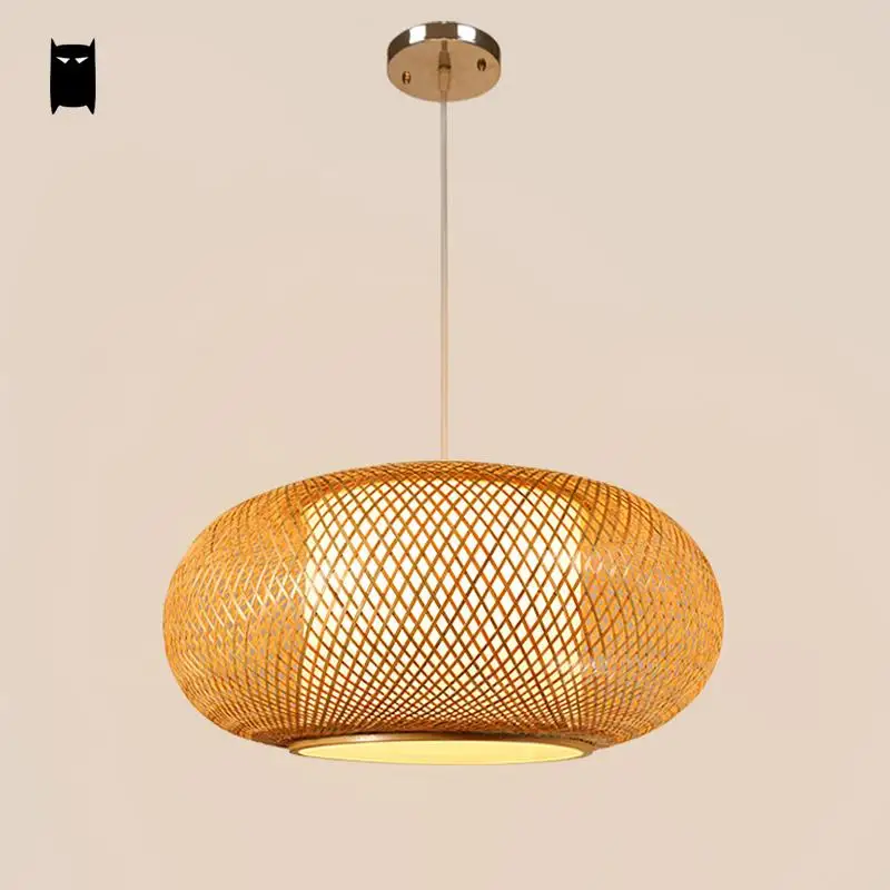  Round Hand Knitted Bamboo Rattan Pendant Light Cord Fixture Rustic Asian Japanese Style Tatami Lamp - 32812658754