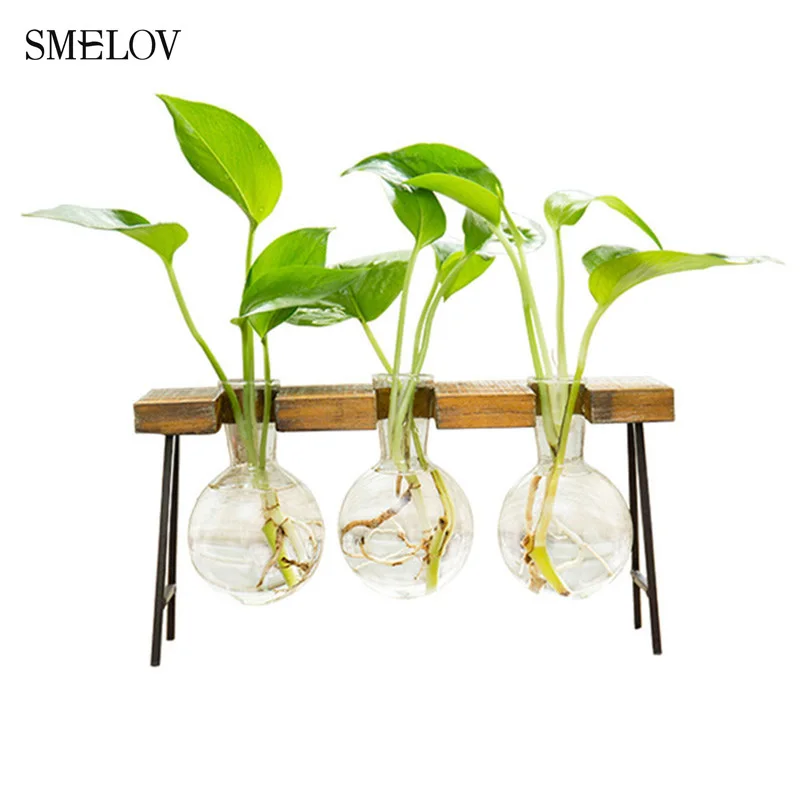 

Desktop Hydroponic Plant Vase Container Transparent Bonsai Glass Bottle with Wooden Frame Home office room Decortion flower vase