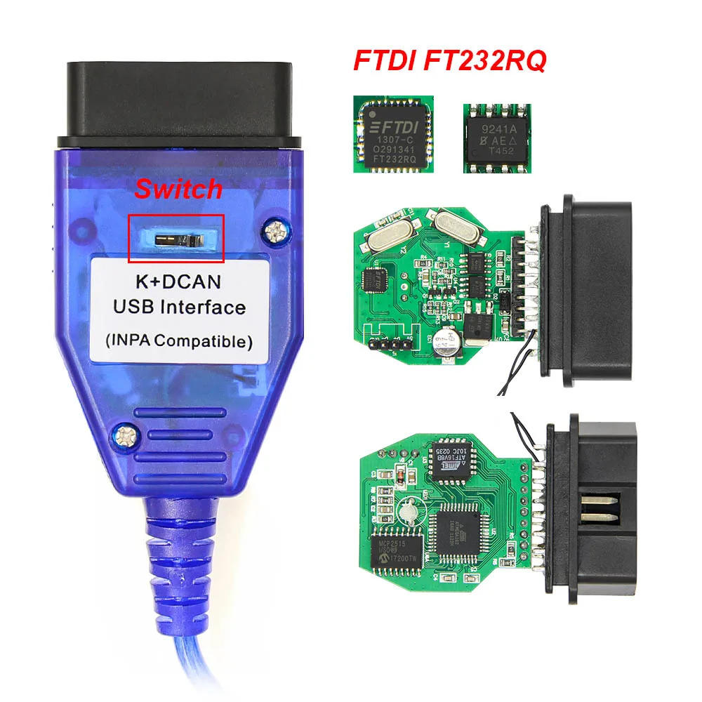 Для BMW INPA K DCAN переключатель FTDI 9241A OBD 2 OBD2 автомобильный диагностический инструмент INPA K+ DCAN K Line OBD OBD2 Диагностический Автомобильный сканер - Цвет: RQ Switch Blue