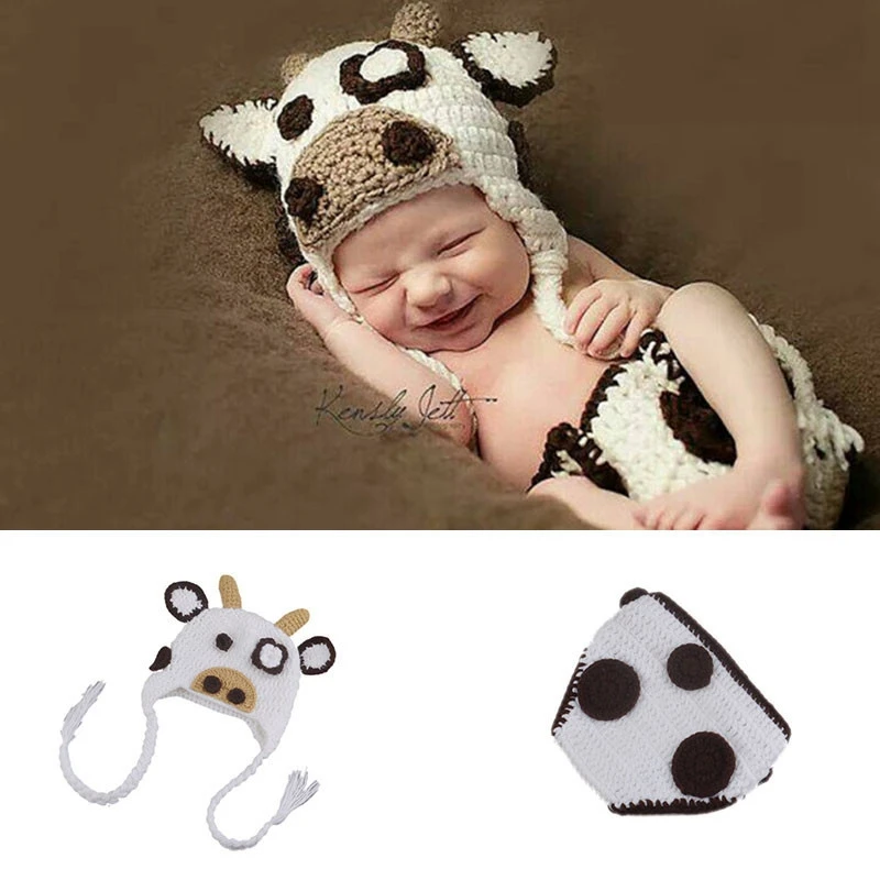 

WYNNE GADIS Baby Newborn Knitwear Cartoon Creative Cows Cosplay Costume Crochet Hat Photography Prop Sets Toddler Christening