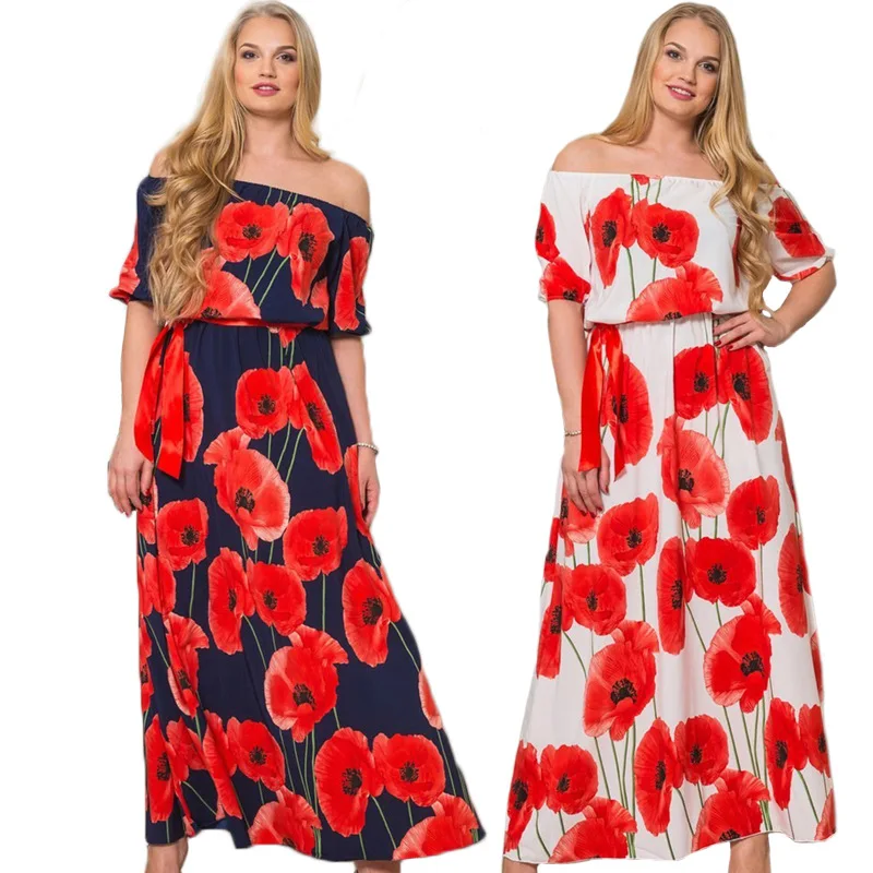 

6XL Women Floral Bohemian Slash Neck Long Summer Dress 2018 High Waist Half Sleeve Holiday Tunic Maxi Dresses Plus size L- 6L
