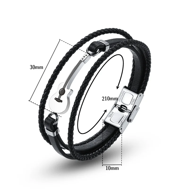 V. YA, стиль, многослойная кожа, гитара, выгравированы, черные браслеты, настраиваемые, веревка, цепь, нержавеющая сталь, магнит, коричневый браслет