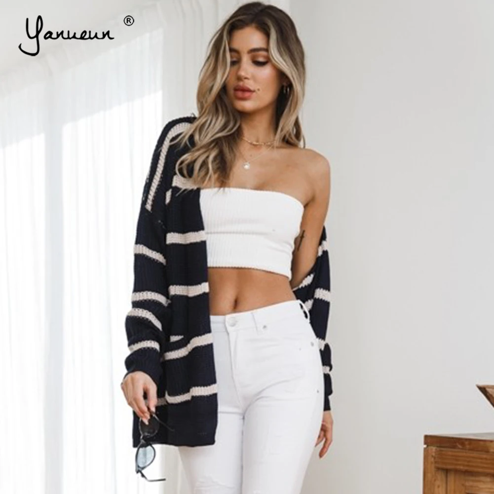 

Yanueun 2018 Autumn New Long Sleeve Knitted Cardigans Sweater Ladies Loose Striped Open Stitch Sweaters Hot Womens Clothing