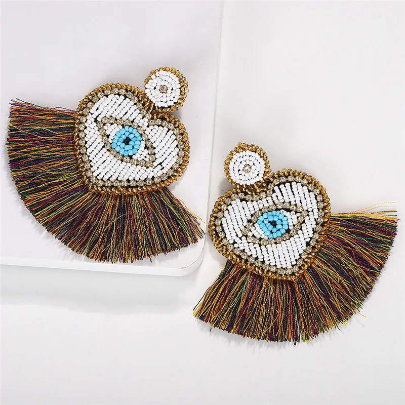 Ethnic Beaded Heart Eye shape Tassel Statement Earrings Jewelry Bohemian Vintage Chic Birthday Gift Drop Earring for Women