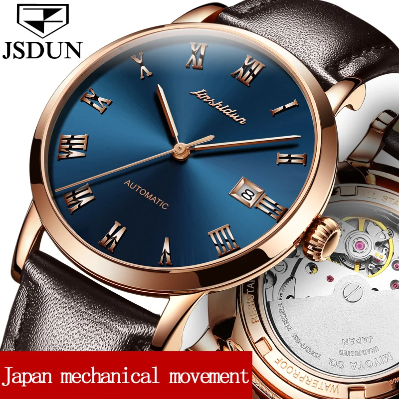 

JSDUN Dress Men Mechanical Watches Business Leather Strap Male Clock Auto Date Gold Roman Dial Automatic Wristwatches Gift 8809P