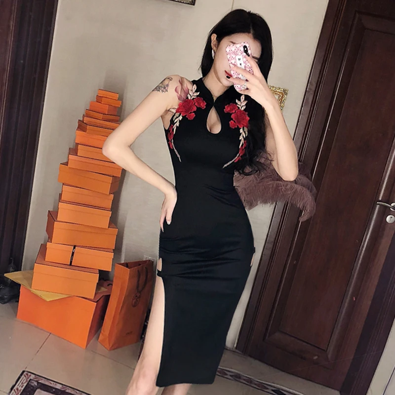 sexy High-fork women satin qipao cheongsam chinese vintage style party club lady short dress embroidery oryantal