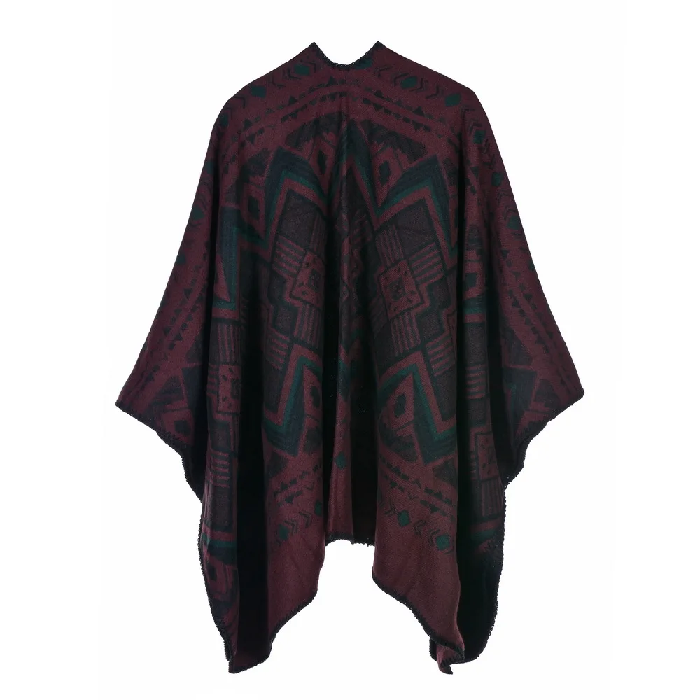 Ethnic Style Geometric Print Poncho Cashmere Scarves Women Winter Warm Shawls Wraps Brand Designer Pashmina Thick Capes Femme